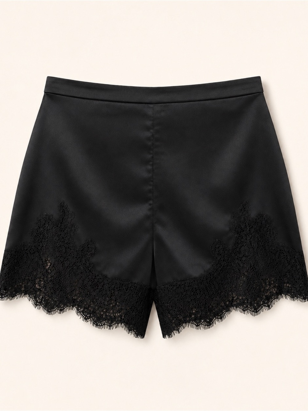 Black Satin Lace Trim Shorts High Waist